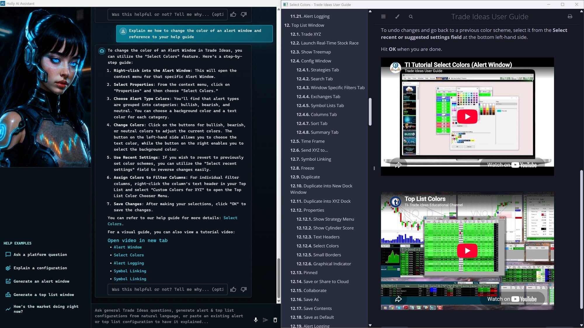 Trade Ideas AI Assistant explaining platform settings and scan logic inside the software