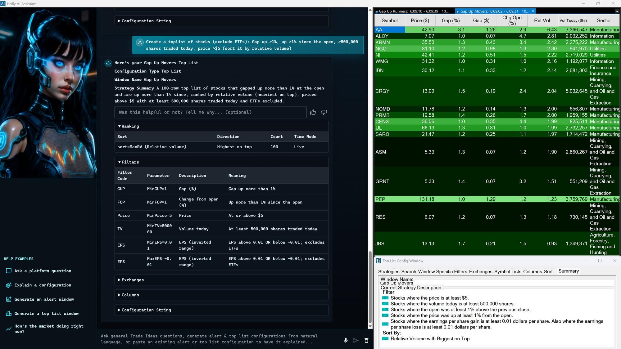 Trade Ideas AI Assistant building and refining a scan from a plain-English request